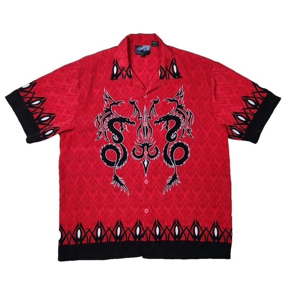 Sapphire Lounge Shirt Mens L Dragon Red‎ Button Up Y2k Guy Fieri All Over Print - Picture 1 of 9